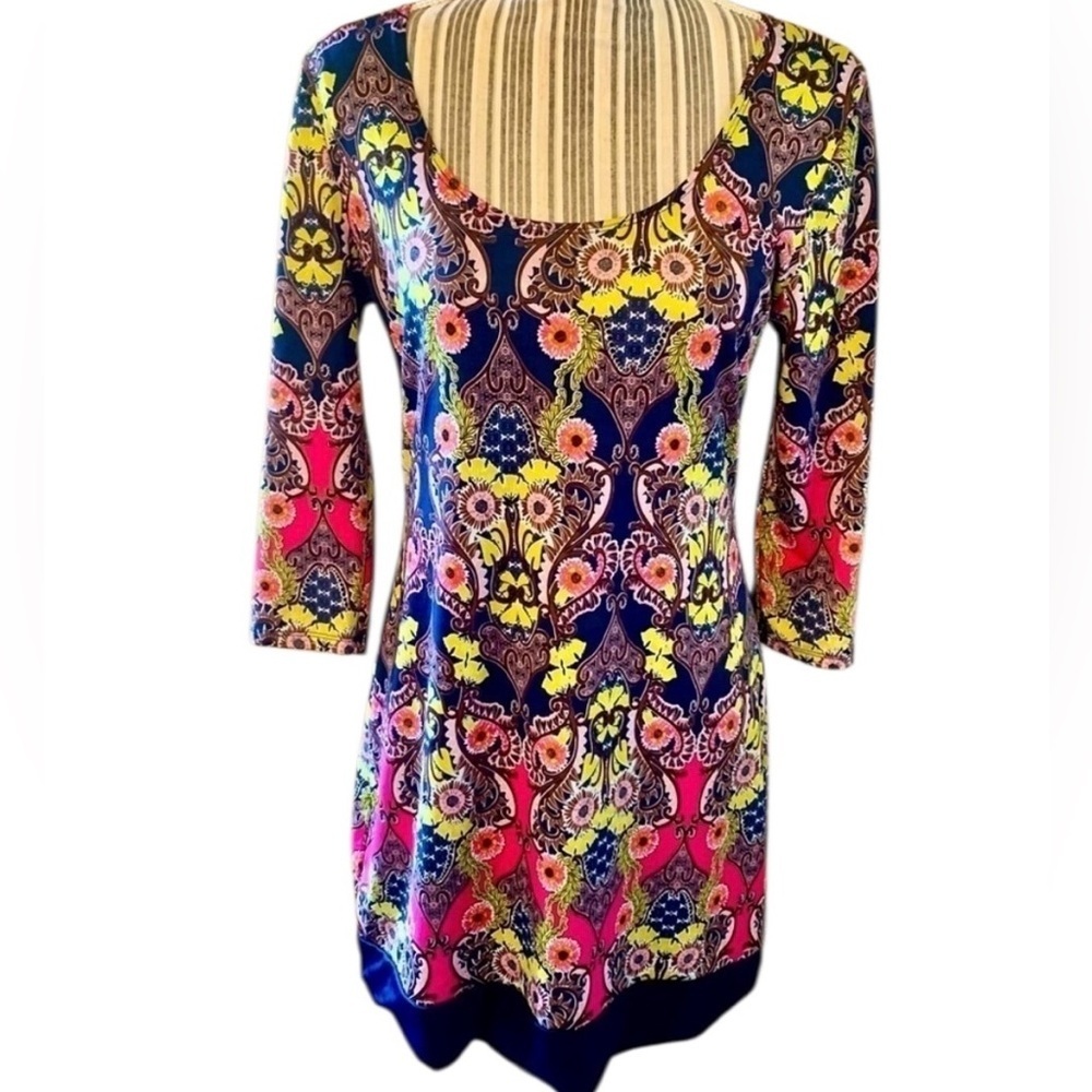 Boho Mini Dress Large Rue21 Navy Blue Pink Yellow Floral Paisley 3/4 Slv Stret